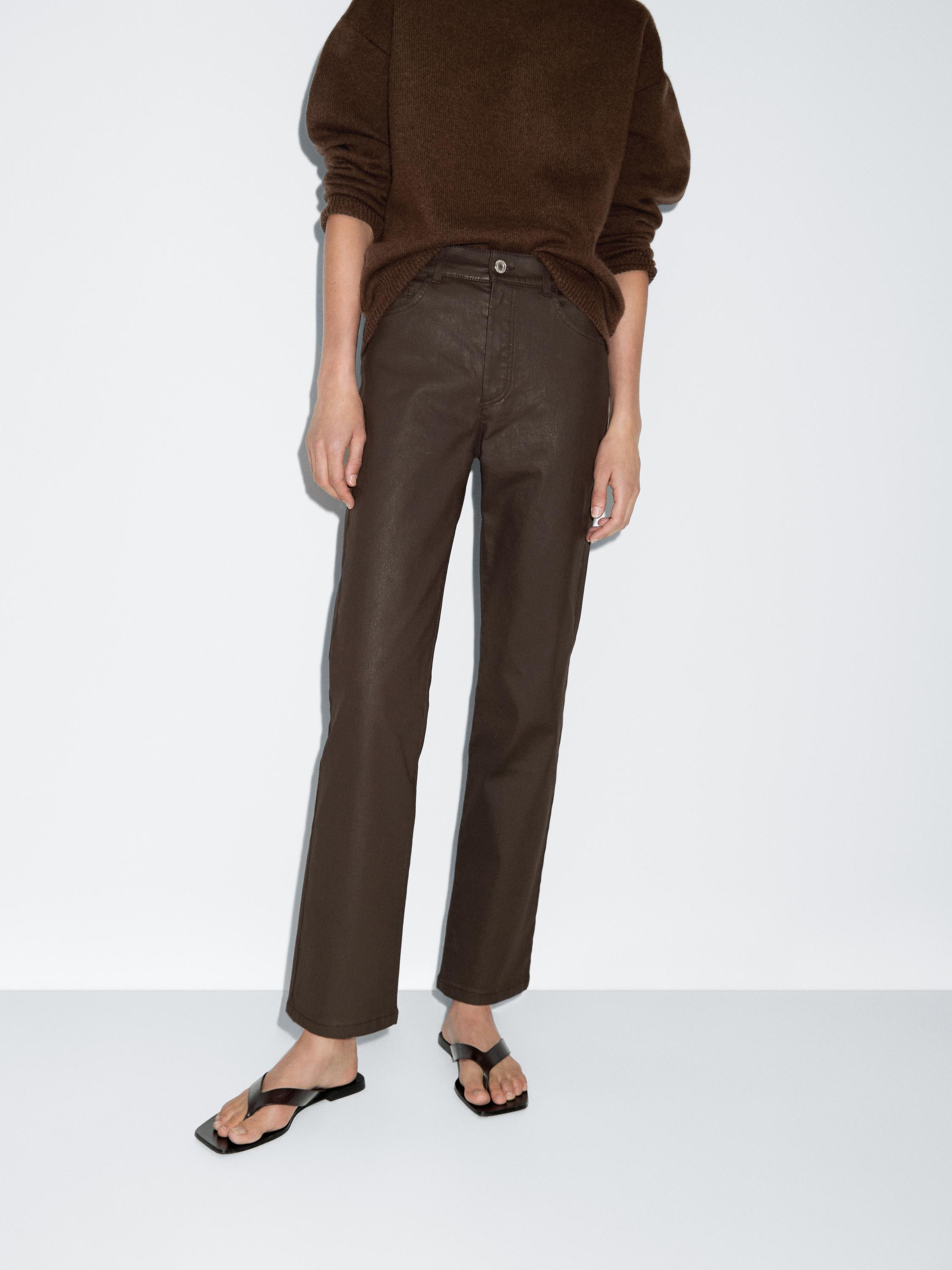 High-waist straight-leg waxed trousers | Massimo Dutti US