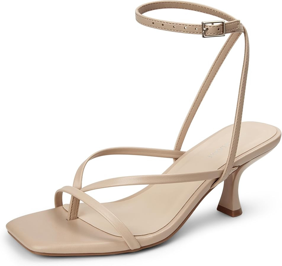 Women's Kitten Heel Strappy Open Square Toe Thong Ankle Strap Heels for Wedding | Amazon (US)