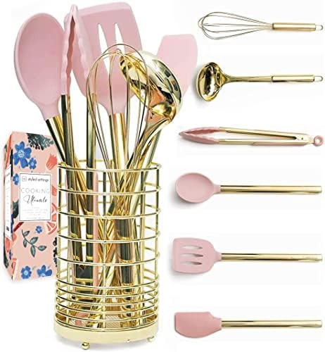 Gold & Pink Kitchen Utensil Set with Holder - Pink Cooking Utensils:Gold Whisk,Gold Ladle,Pink Sp... | Amazon (US)