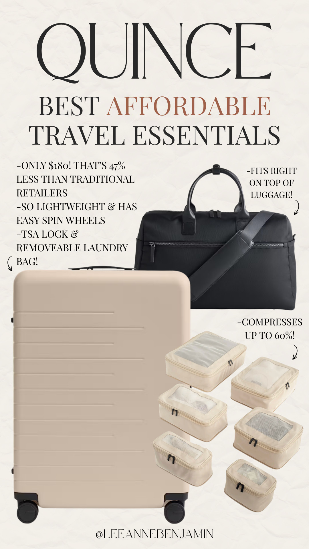 @Quince #QuincePartner The moment I opened my Quince luggage + packing cubes… I knew 🤩 The quality, the details, the durability—it’s giving luxury without the luxury price tag 🙌Truly one of those finds that just makes sense—elevated, functional, and SO worth it 🤍 

 

#LTKmomlife #LTKOver40 #LTKTravel