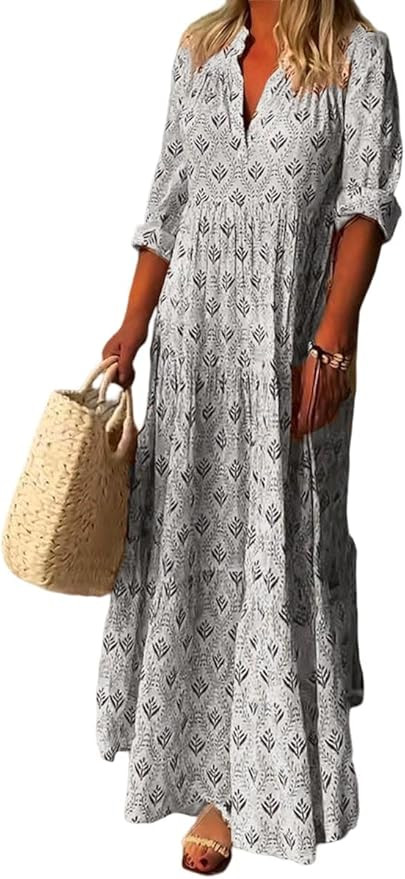 Boho Casual Loose Long Sleeve Maxi Dress for Womens Vintage Print Pleated Crewneck Flowy Baggy Lo... | Amazon (US)