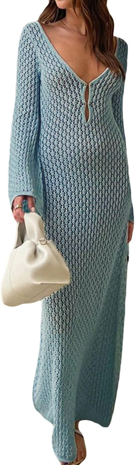 Women Crochet Cover Ups Long Sleeve Deep Vneck Backless Knit Maxi Dress Hollow Out Beach Bikini C... | Amazon (US)