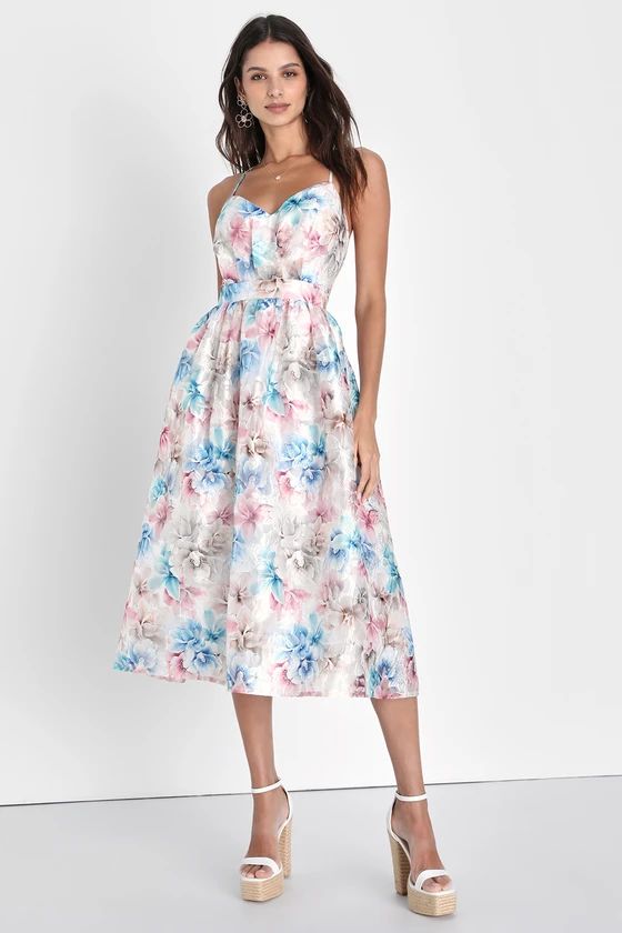Refined Eloquence Mauve Multi Floral Jacquard Midi Dress | Lulus (US)