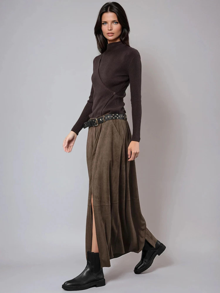 Religion Brown Serena Draped Wrap Roll Neck Top In Lux Rib Knit | Next AU