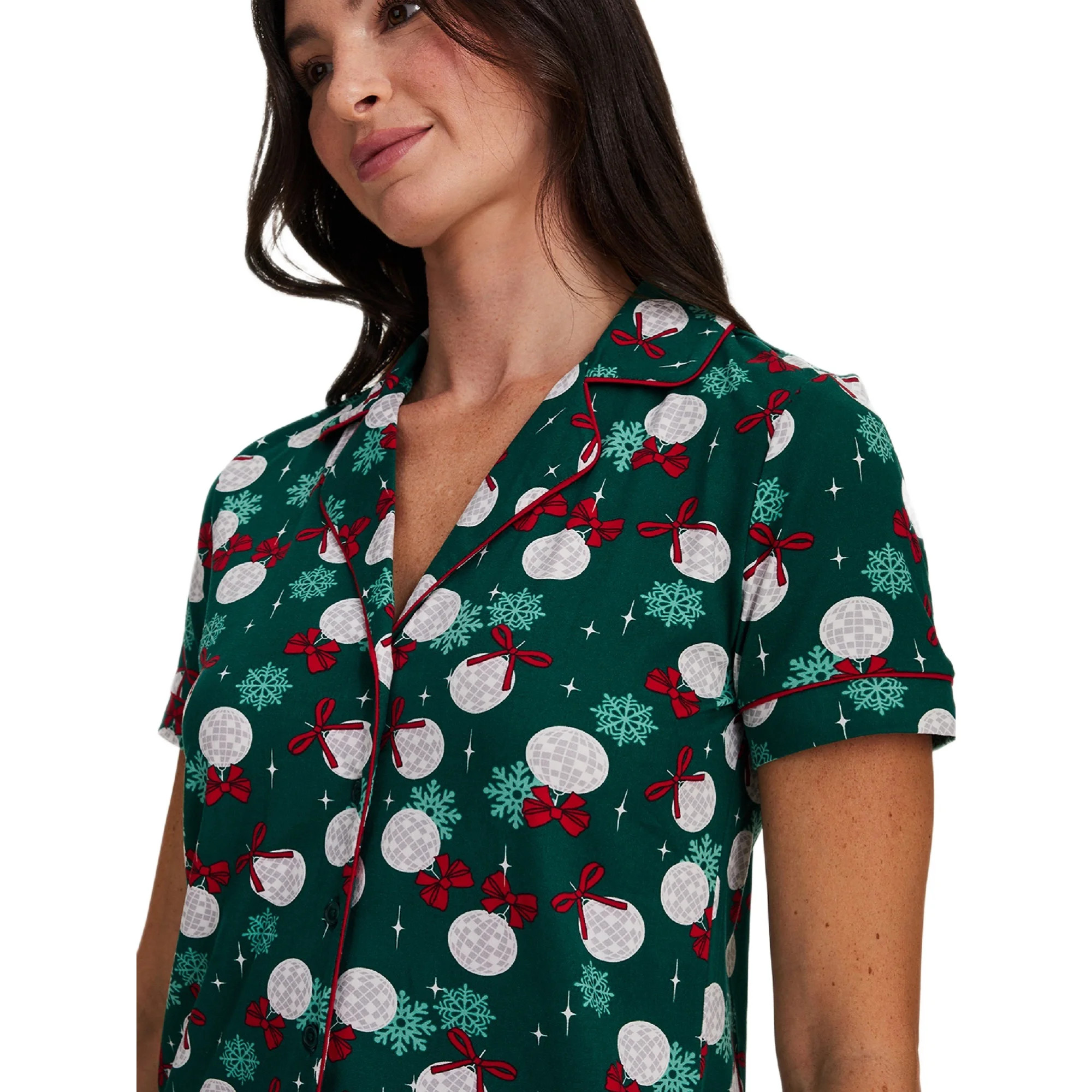 Sleep & Co. Women's & Women's Plus Short Sleeve Fesitve Notch Collar Button Down with Pant Pajama... | Walmart (US)