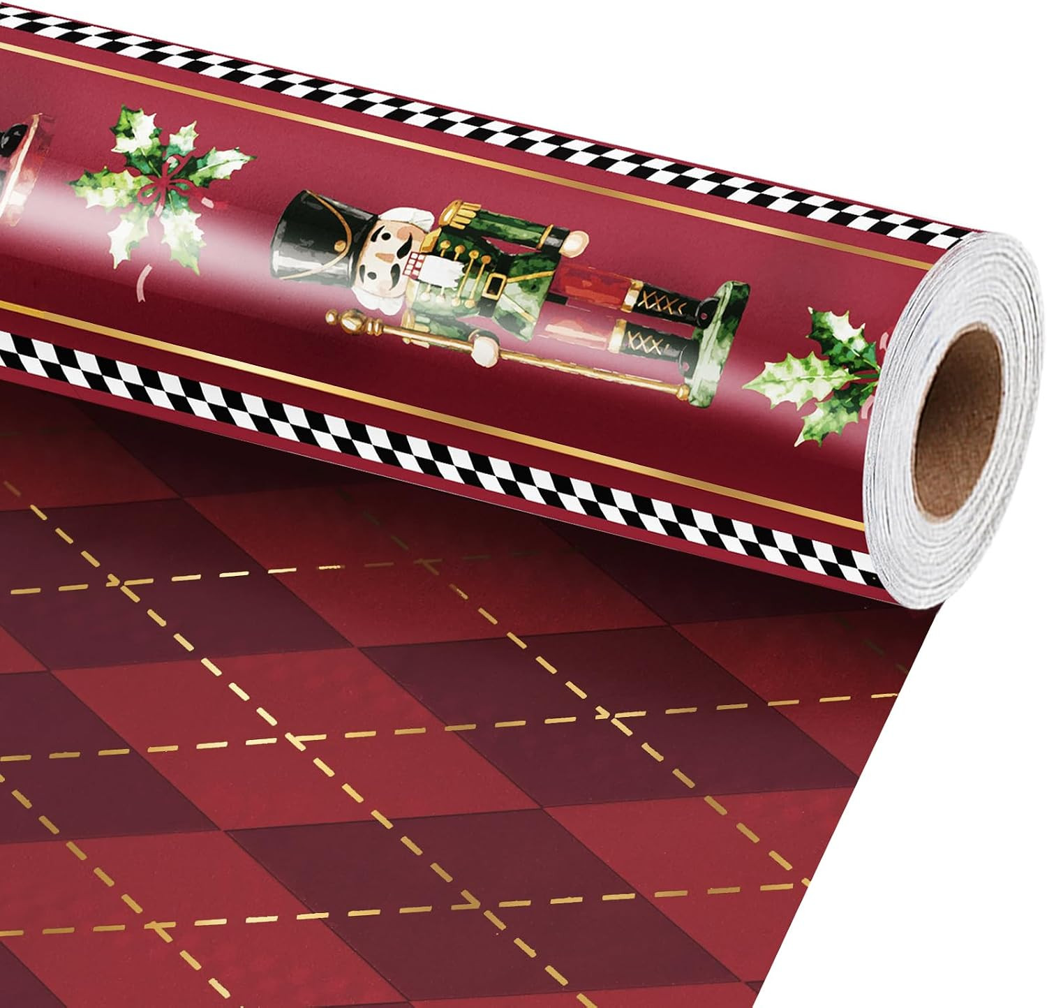 LaRibbons Nutcracker Christmas Wrapping Paper, Red Gold Foil Argyle Plaid | Amazon (US)