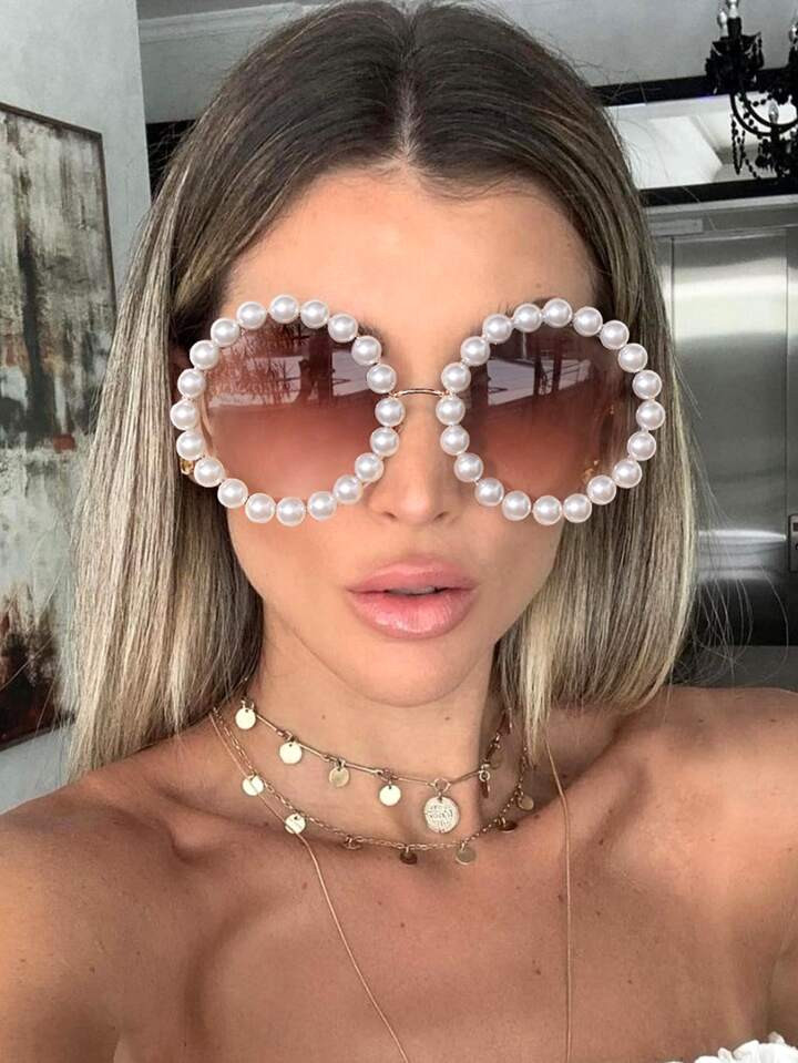 1pc Large Frame Round Frame Brown Piece Pearls Are Fashionable Glasses Metal Stainless Steel Fram... | SHEIN