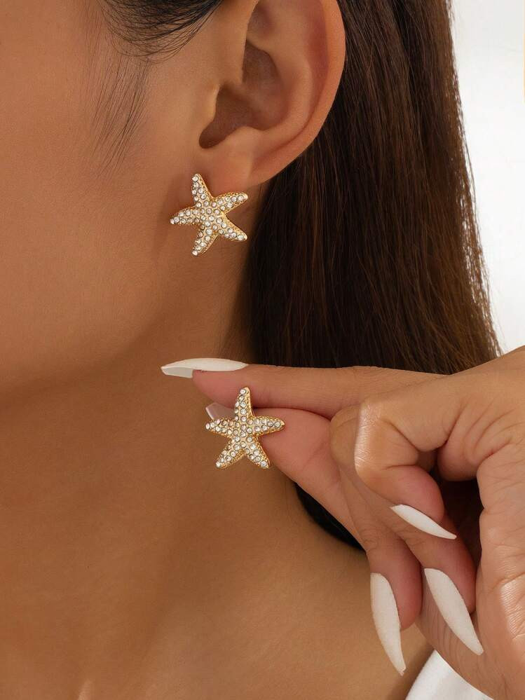 1 Pair Retro Elegant Diamond & Pearl Inlaid Metal Starfish Stud Earrings For Women, Dainty Earrin... | SHEIN