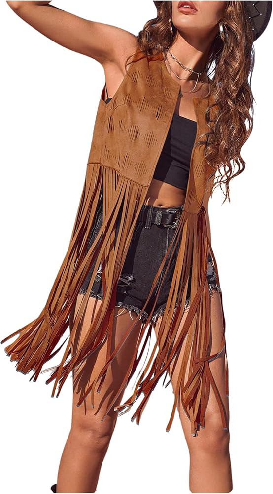 Women's Fringe Vest Sleeveless 70s Hippie Faux Suede Trim Western Cowgirl Tassel Jacket Cardigan | Amazon (US)