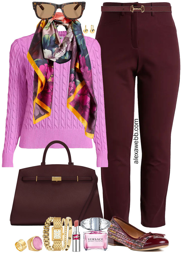 Plus Size Burgundy Winter Work Outfits - A plus size business casual outfit for the office this winter. A plus size pink sweater is paired with burgundy pants and tweed flats. A floral scarf finishes the look. Alexa Webb #plussize #alexawebb 

 #LTKMidsize #LTKPlusSize #LTKWorkwear