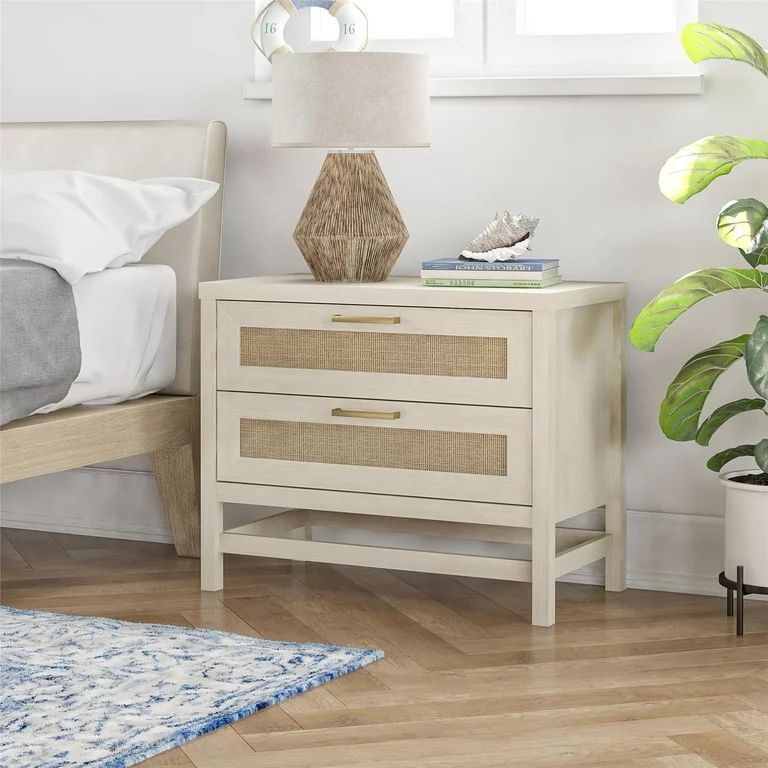 Ameriwood Home Lennon 2 Drawer Nightstand, Ivory Oak and Faux Rattan | Walmart (US)