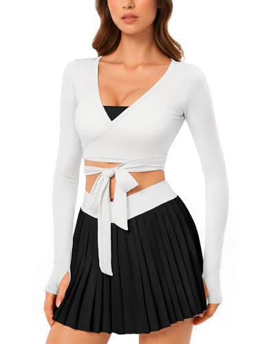 Long Sleeve Workout Wrap Top for Women, Cropped Athletic Adjustable Straps Shirts, V Neck Slim Fit Wrap Tops for Yoga Pilates Stylish Wear | Amazon (US)