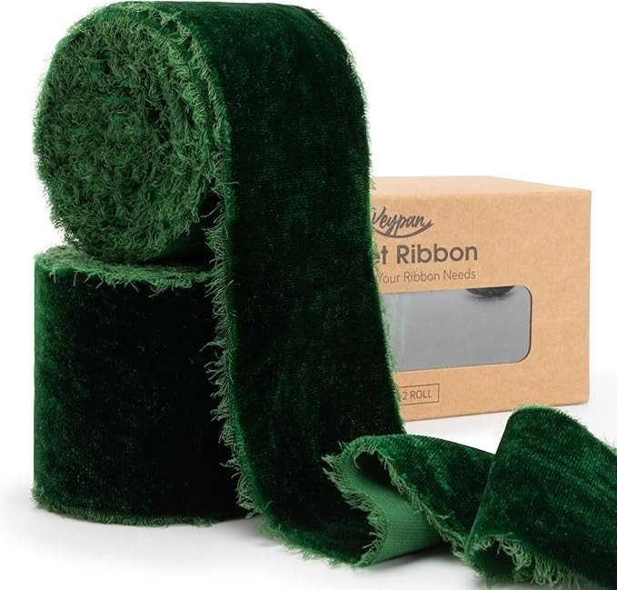 Green Velvet Ribbon 2-1/2 Inch x 6 Yd Handmade Frayed Vintage Wide Ribbons for Christmas Tree Hom... | Amazon (US)