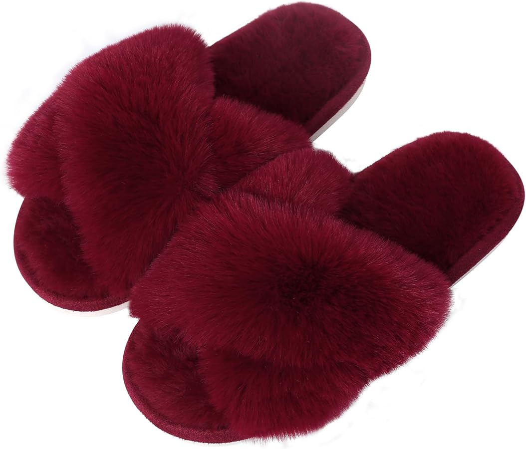 Evshine Women's Fuzzy Slippers Cross Band Memory Foam House Slippers Open Toe | Amazon (US)