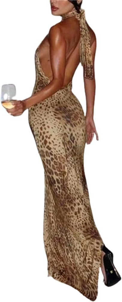 Maxi Dress Halter Neck Sleeveless Leopard Print Lace-up Backless Chic Irregular Hem Sexy Vacation... | Amazon (US)