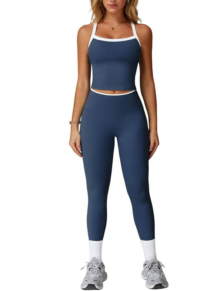 Womens Workout Sets Two Piece Cross Back Tank Top Matching High Waist Leggings Sets Gym Outfits W... | Amazon (US)