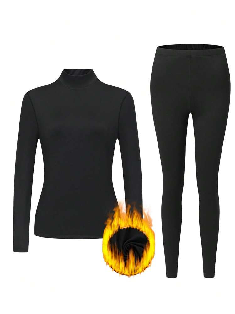 1Set Women's Black High Neck Thermal Lingerie Set Fashion Design Fitted Cold-Resistant Warm Wear Comfortable Stretch Autumn And Winter Gifts | SHEIN