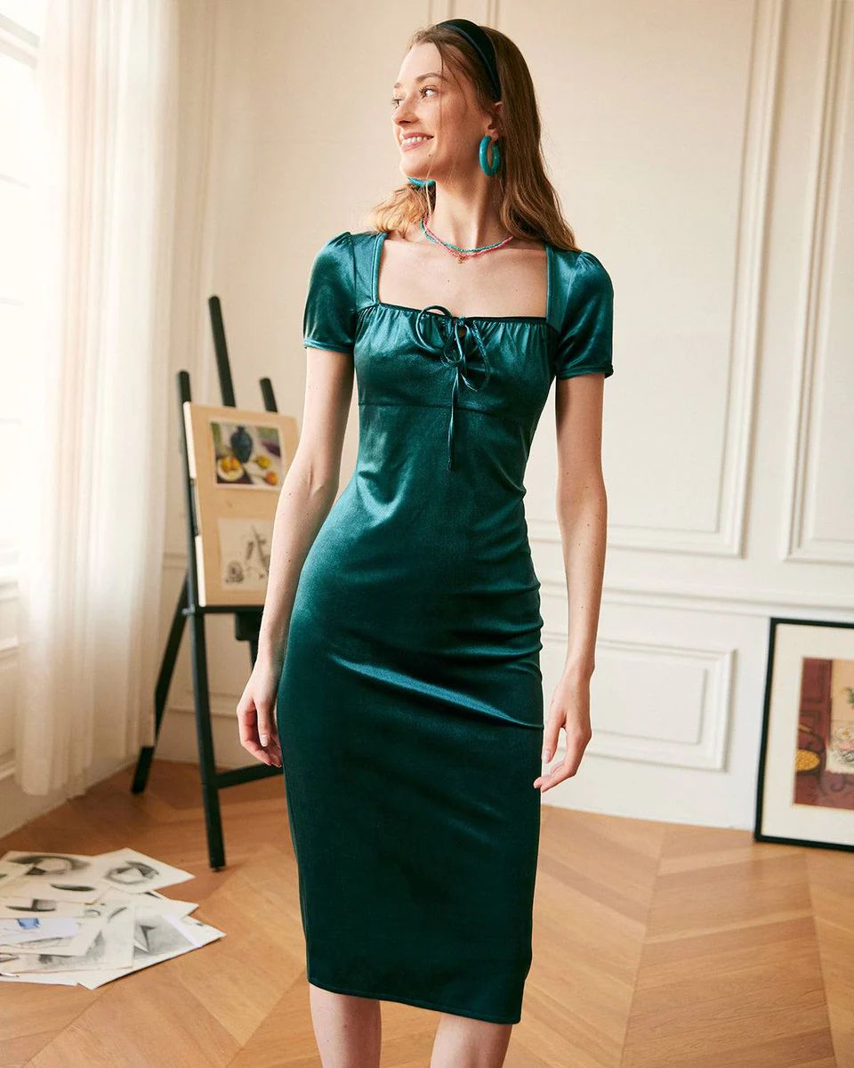 The Velvet Tie Bodycon Midi Dress & Reviews - Dark Green - Dresses | RIHOAS | rihoas.com
