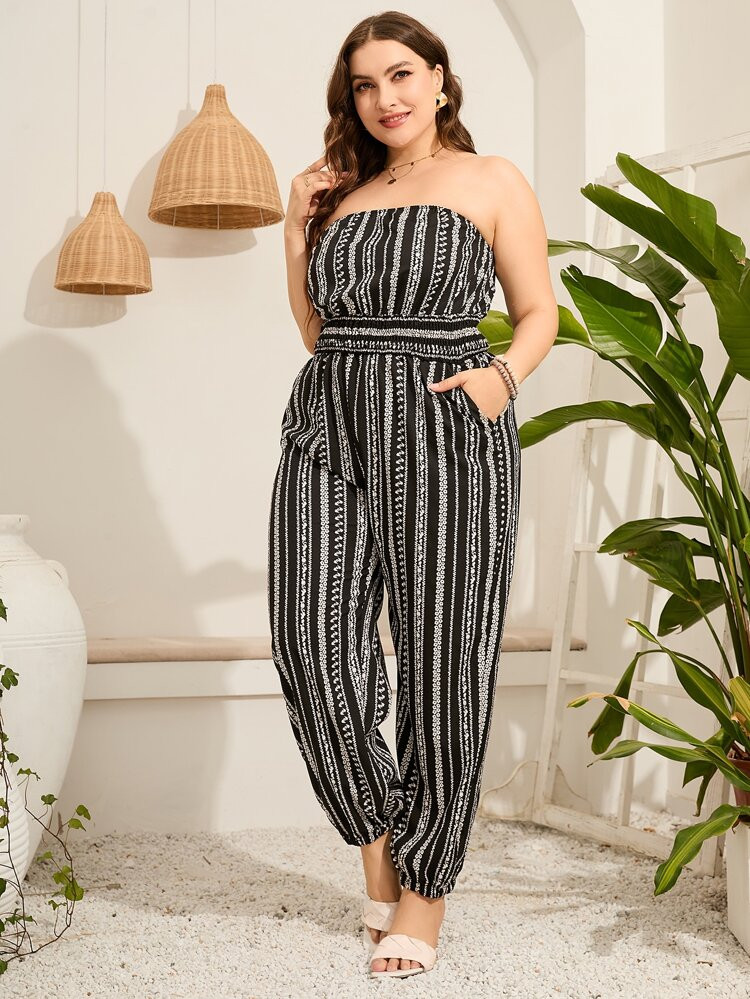 Plus Ditsy Floral Shirred Waist Tube Jumpsuit | SHEIN