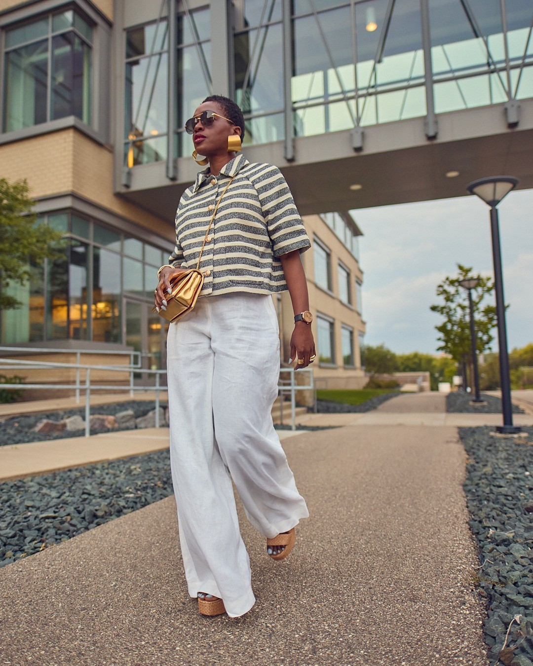A white wide-leg pants and striped jacket outfit | oversized gold earrings, platform shoes, affordable style, elegant fashion, Dissh, H&M fashion, Larroudé, Diff sunglasses

#LTKTall #LTKStyleTip #LTKOver40