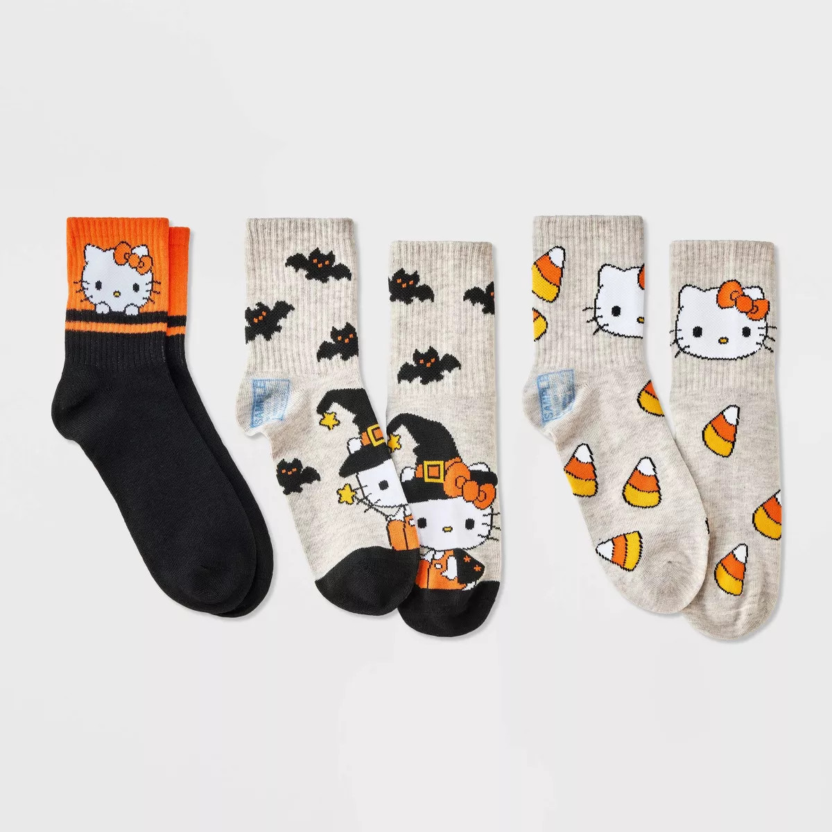 Women's Hello Kitty Halloween 3pk Mid Crews Socks - Oatmeal Heather/Black/Orange | Target