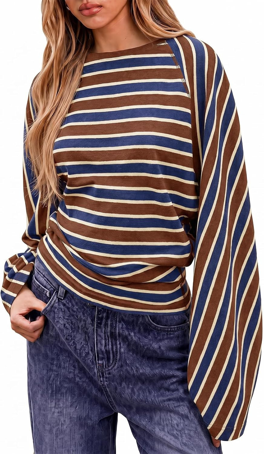 Tankaneo Womens Long Bell Sleeve Striped T-Shirt Y2K Batwing Going Out Top | Amazon (US)