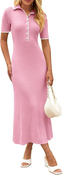 MEROKEETY Women's Spring Summer Ribbed Maxi Dress 2026 Bodycon V Neck Button Short Sleeve Slim Fi... | Amazon (US)