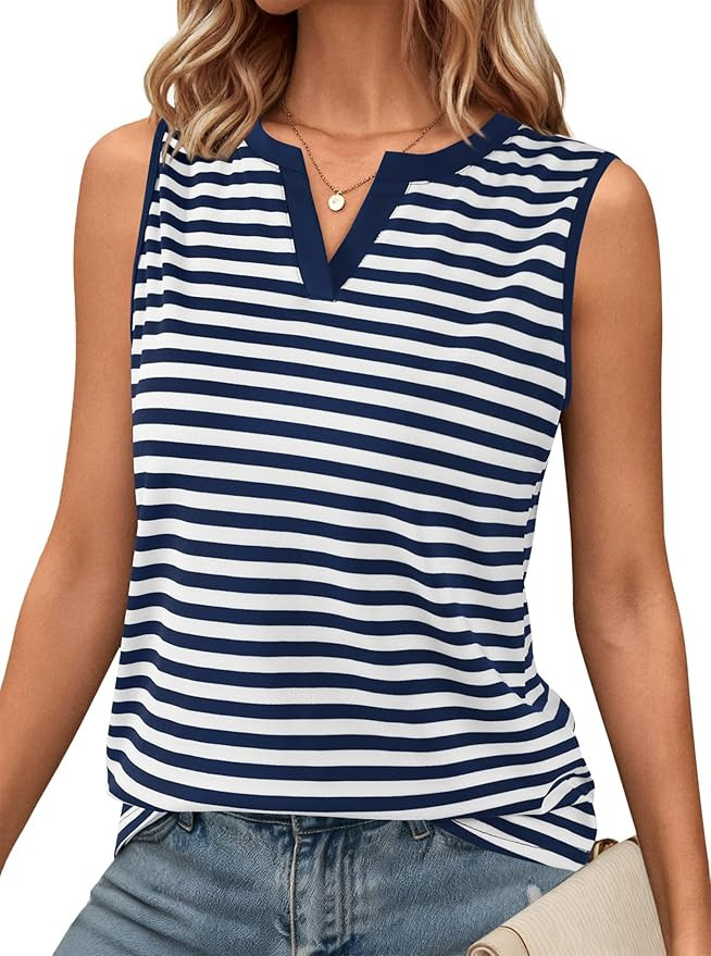 LilyCoco Women Striped Tank Top Summer Casual V Neck Ringer Sleeveless Shirts | Amazon (US)
