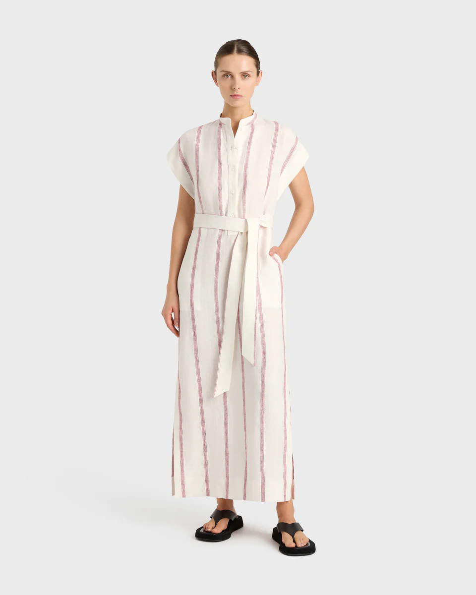 BONDI BORN® | Kiama Belted Shirtdress in Red Stripe | Designer Linen | BONDI BORN