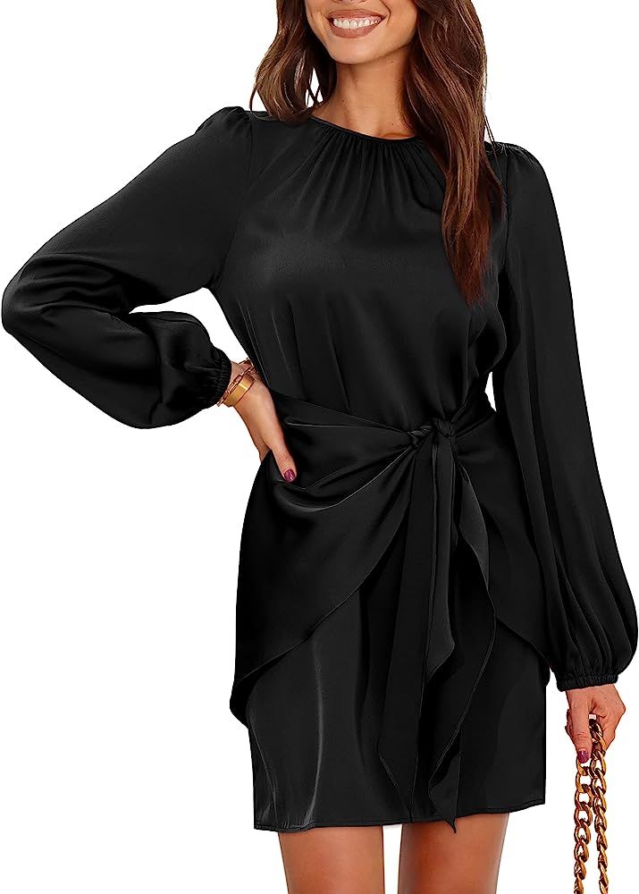 Amoretu Women's Casual Long Sleeve Dress Crewneck Tie Front Wrap Ruched Cocktail Mini Dresses | Amazon (US)