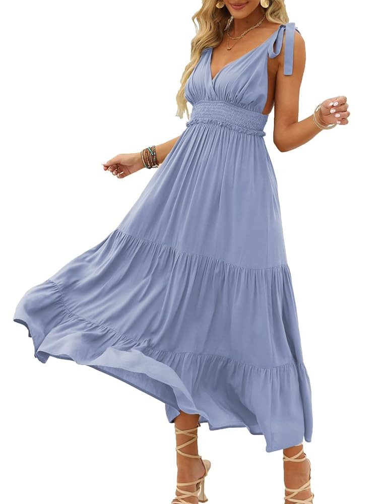 DEEP SELF Women's Summer V Neck Tie Strap Maxi Dress Halter Ruffle Hem Long Dresses Spaghetti Str... | Amazon (US)