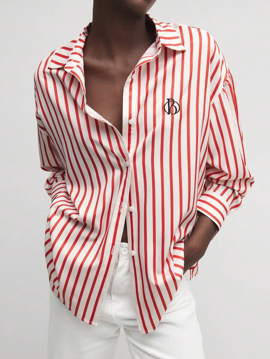 BizChic Women's Autumn Red And White Striped Long Sleeve Button-Up Shirt, Versatile For Commuting... | SHEIN