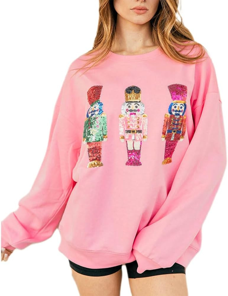 Women Cute Glitter Holiday Letter Sweaters Sparkle Sequin Long Sleeve Tops Casual Round Neck Pull... | Amazon (US)