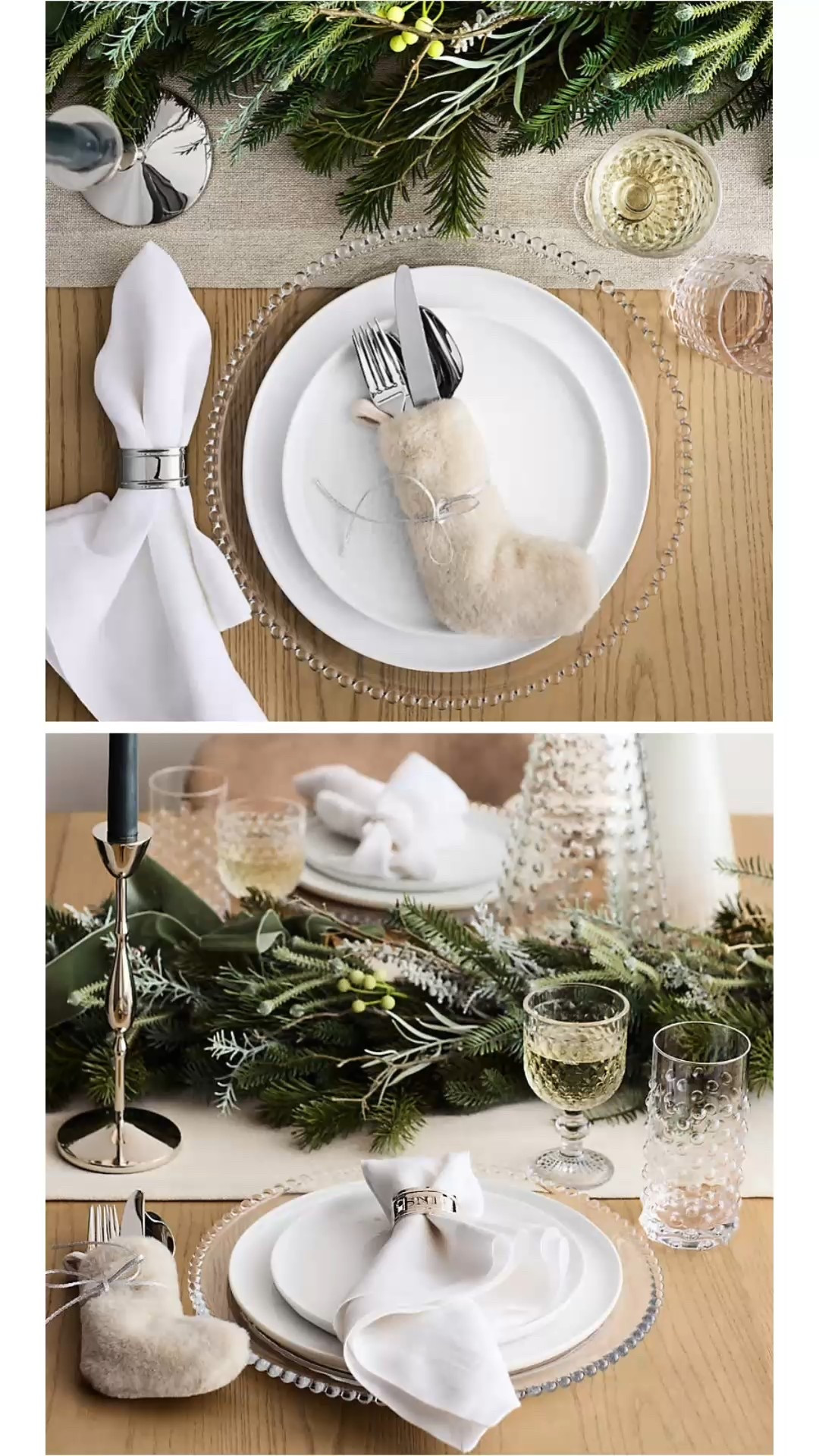 Festive Christmas table decor ideas, holiday table setting, winter wonderland, Christmas stocking  flatware holder, faux fur, silver candle holder with sleeve , bows, garland, holiday decor, Christmas plates, napkins, centerpiece, tablescape, placemats, glassware, flatware, organic modern, minimalist, transitional, green and white, Nordic, napkin ring, festive, Crate & Barrel style, Pottery Barn aesthetic, table decor

#LTKHome #LTKHoliday #LTKSaleAlert