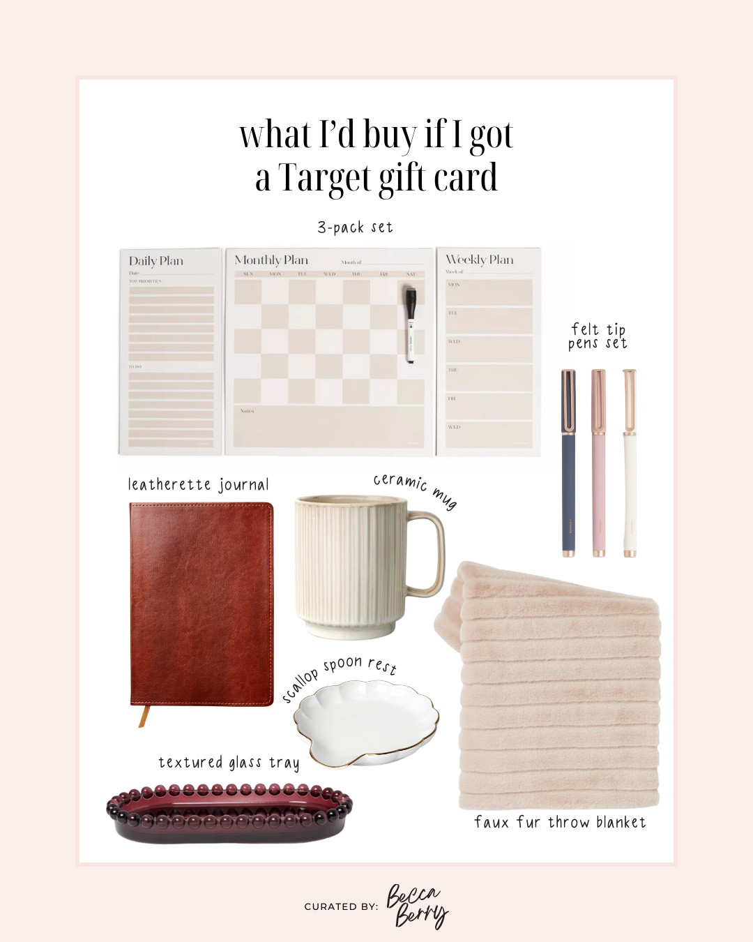 What I’d buy from Target if I got a gift card:
* 3 piece fridge magnet organizer
* Felt tip pens, set of 3
* Leather notebook 
* Coffee mug
* Scallop spoon rest
* Soft throw blanket 
* Glass dish

#LTKFindsUnder50 #LTKHome #LTKstorytime