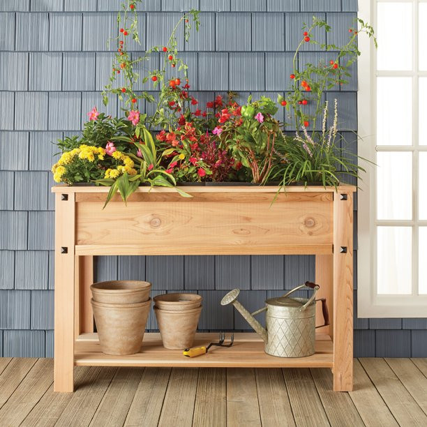 Better Homes & Gardens Cedar Raised Garden Bed,, Legs and Shelf, Natural - Walmart.com | Walmart (US)