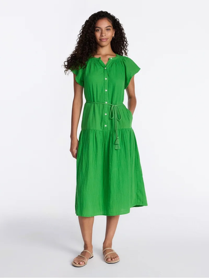 Time and Tru Women's and Women's Plus Double Cloth Midi Dress, Sizes XS-4X | Walmart (US)
