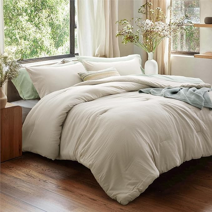 Bedsure Queen Size Comforter Set, Beige Soft Prewashed Bedding for All Seasons, 3 Pieces GentleSo... | Amazon (US)