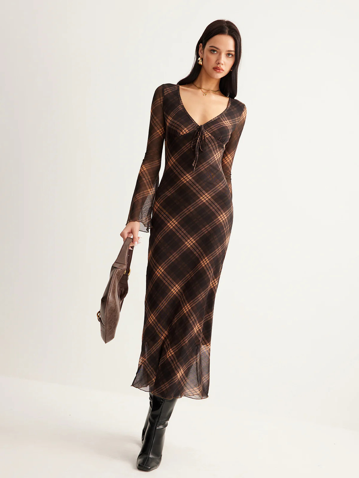 Semi-Sheer Checked Bell-Sleeve Mesh Dress | Commense