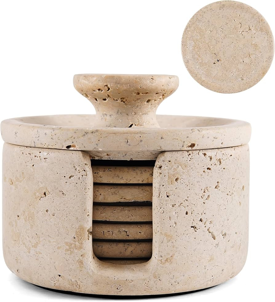 Travertine Marble Coasters with Holder Lid for Drinks 3.5 Inch Stone Drink Coaster Set of 6, Idea... | Amazon (US)