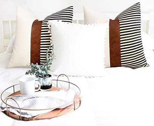 cygnus Set of 2 Farmhouse Decor Stripe Patchwork Linen Throw Pillow Covers,Modern Tan Faux Leathe... | Amazon (US)