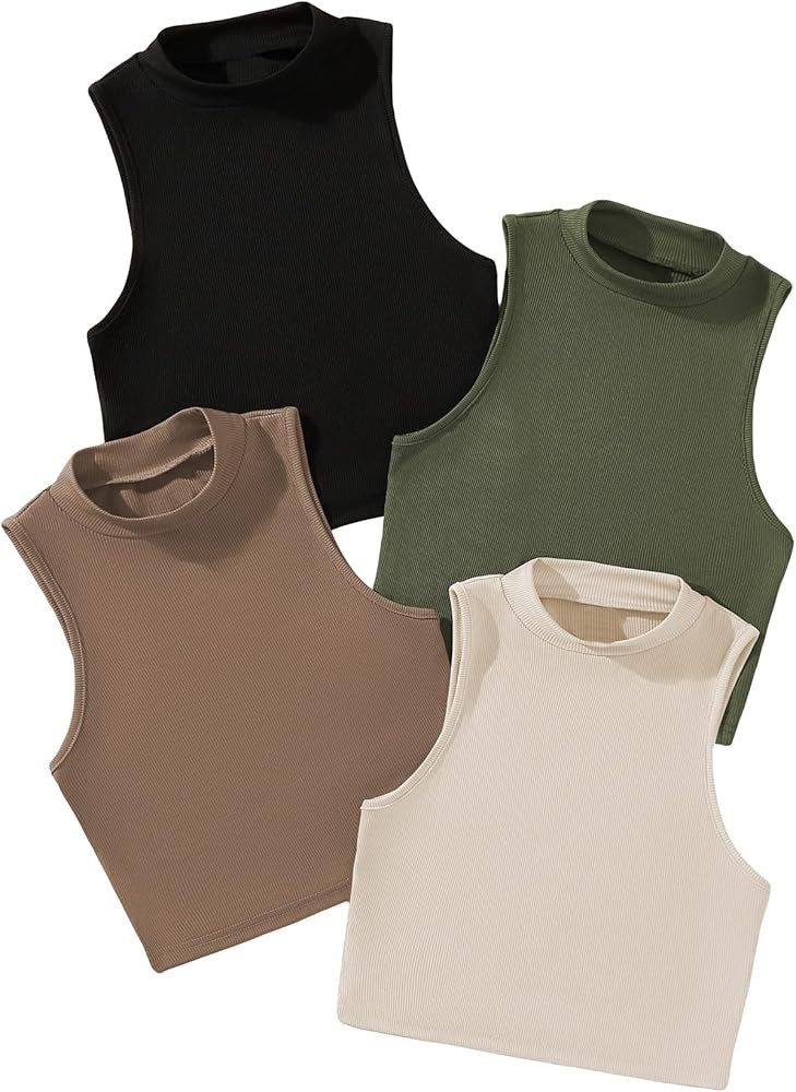 GORGLITTER Women's 4 Piece Mock Neck Ribbed Knit Crop Top Sleeveless Cropped Cami Tank Tops | Amazon (US)