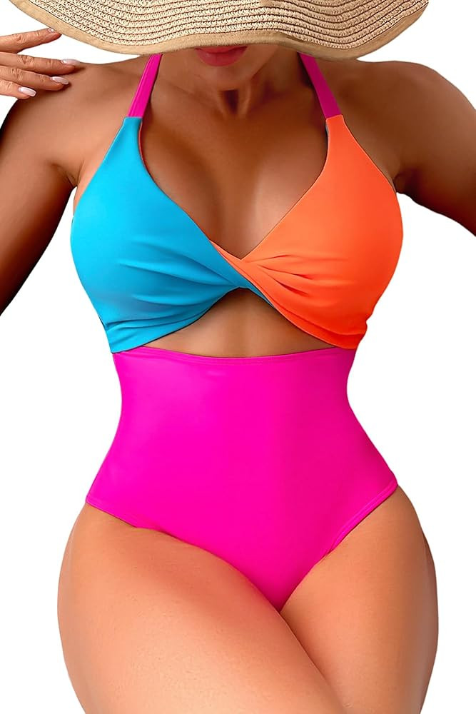 Leoparts Women's Color Block One Piece Swimsuit Sexy V Neck Twist Cutout Monokini High Cut Crissc... | Amazon (US)