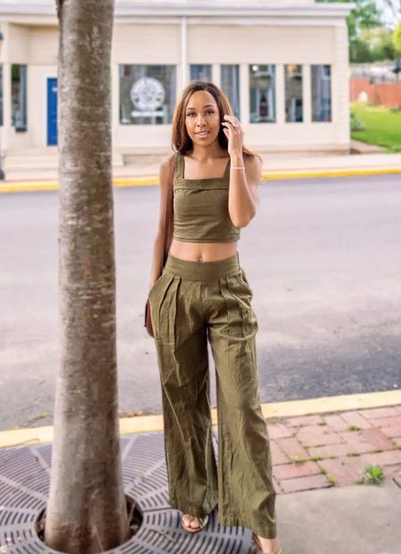 Two piece linen set | Abercrombie set | green crop top | wide leg pant | linen top | linen pant 

#LTKunder100 #LTKSeasonal