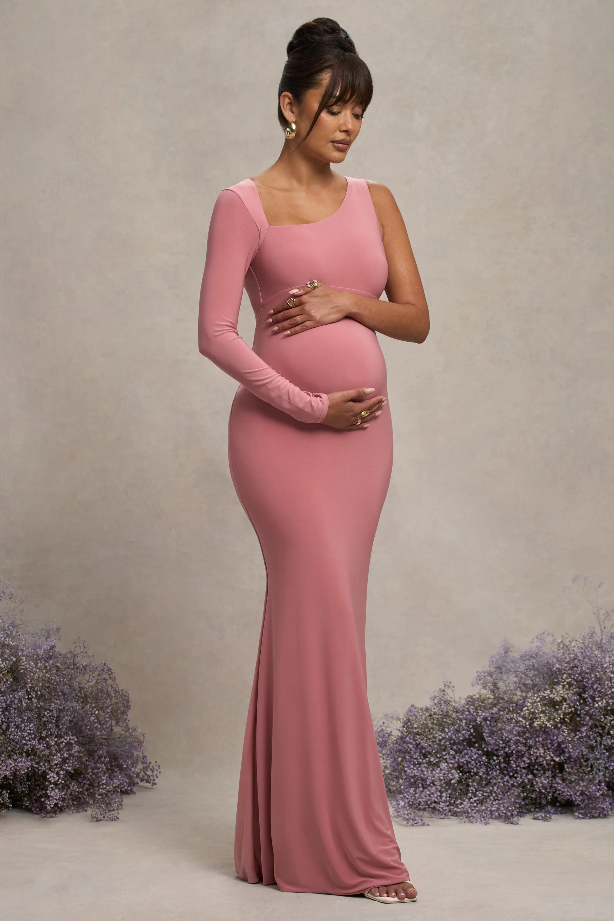 Oh Baby | Blush Maternity One Shoulder Bodycon Maxi Dress | Club L London