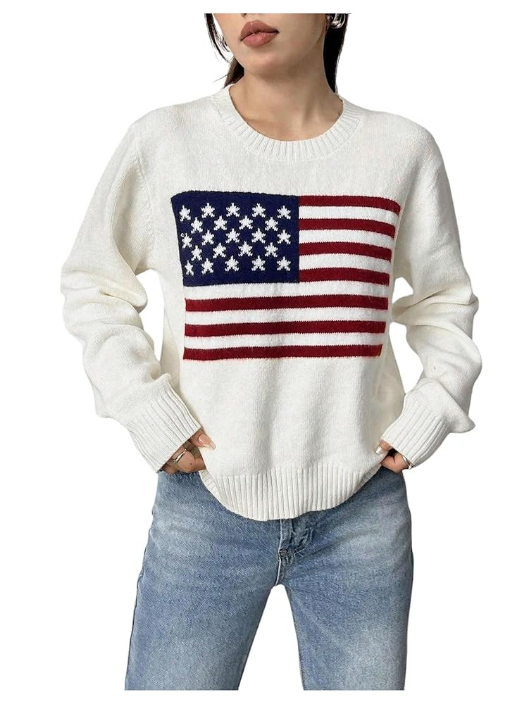 SweatyRocks Women's Flag Pattern Long Sleeve Round Neck Sweater Casual Loose Pullover Sweater | Amazon (US)