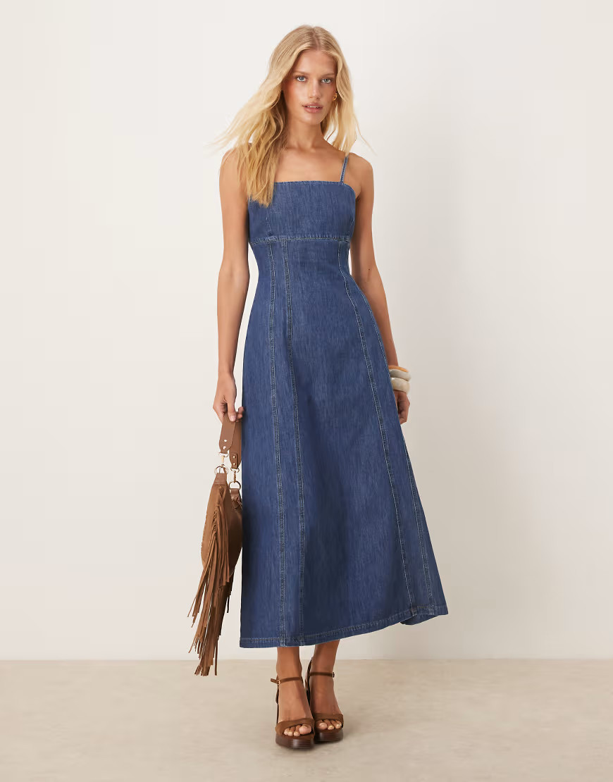 ASOS DESIGN chambray denim maxi dress with cinch waist seams in mid blue | ASOS (Global)