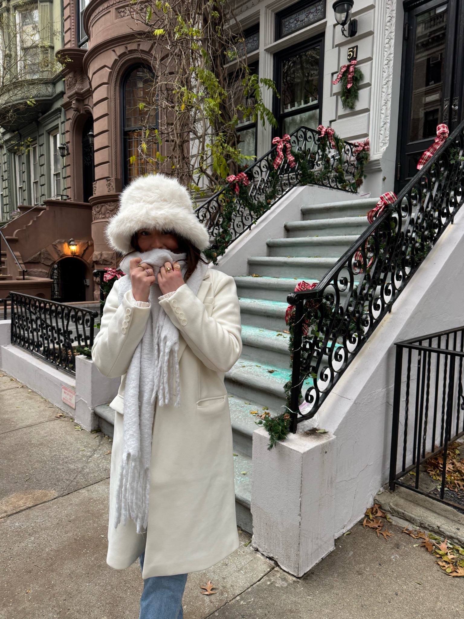nyc, outfit, winter, ootd, cold, chilly, warm fit, white, fur, hat, pea coat, wool, trench, jeans, denim, Uggs, ootd, scarf, monochromatic, inspo, trendy, aesthetic, New York City, day trip, weekend, casual, chic, fashion, fluffy, bucket hat, brownstone, christmas, holidays, travel, pose, picture, cute, decor, decorations, inspiration 

#LTKStyleTip #LTKHoliday #LTKSeasonal