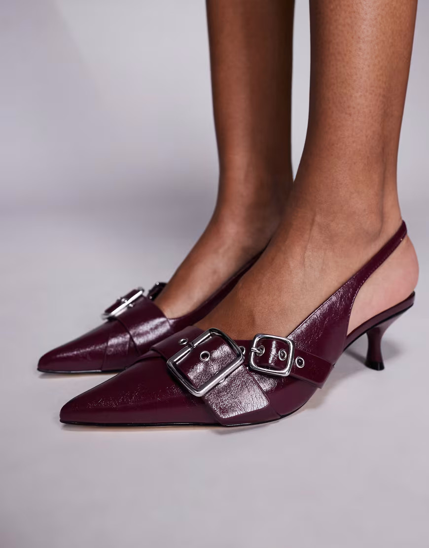 Steve Madden Lezley sling back kitten heels with buckle details in dark cherry-Red | ASOS (Global)