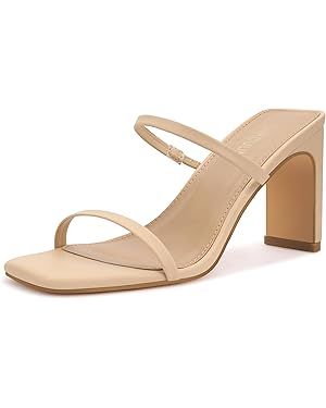 Carcuume Women's Square Toe Two Strap Open Toe Block Heels Sandals Slip On Shoes | Amazon (US)